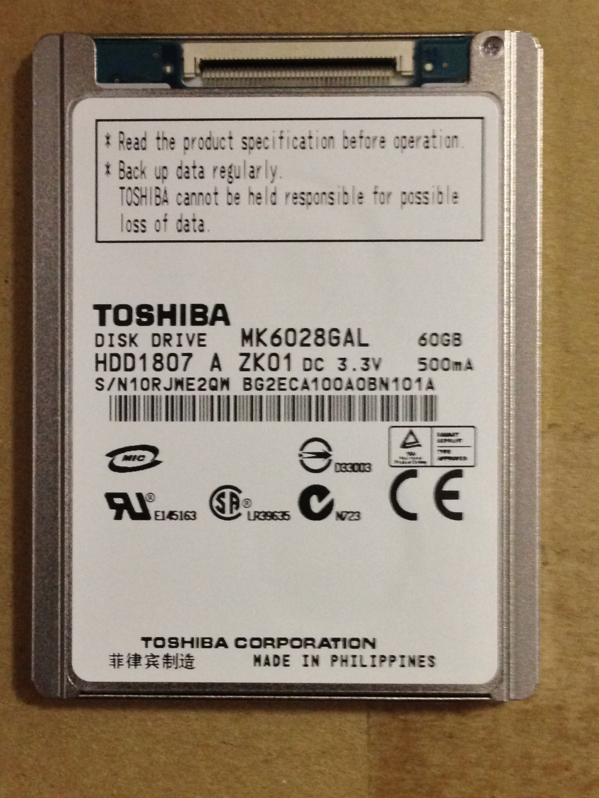 *New* Toshiba MK6028GAL 60 GB,Internal,4200 RPM,1.8" (HDD1807) HDD