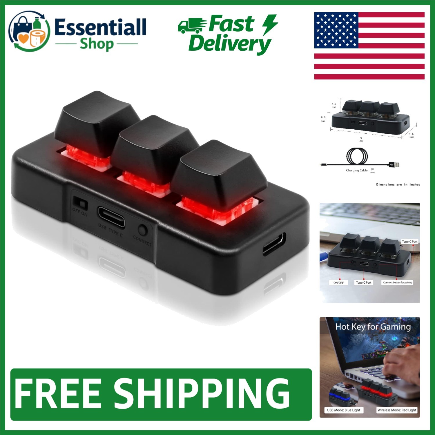 Mechanical Gaming Macro Keypad - 3 Key Wireless USB with Rechargeable Battery