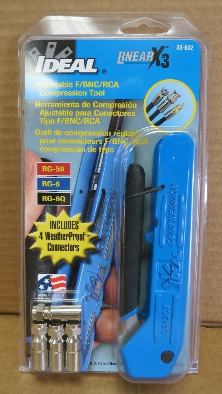 IDEAL 33-632 LINEAR X3 ADJUSTABLE F/BNC/RCA COMPRESSION TOOL W/4 CONNECTORS NEW