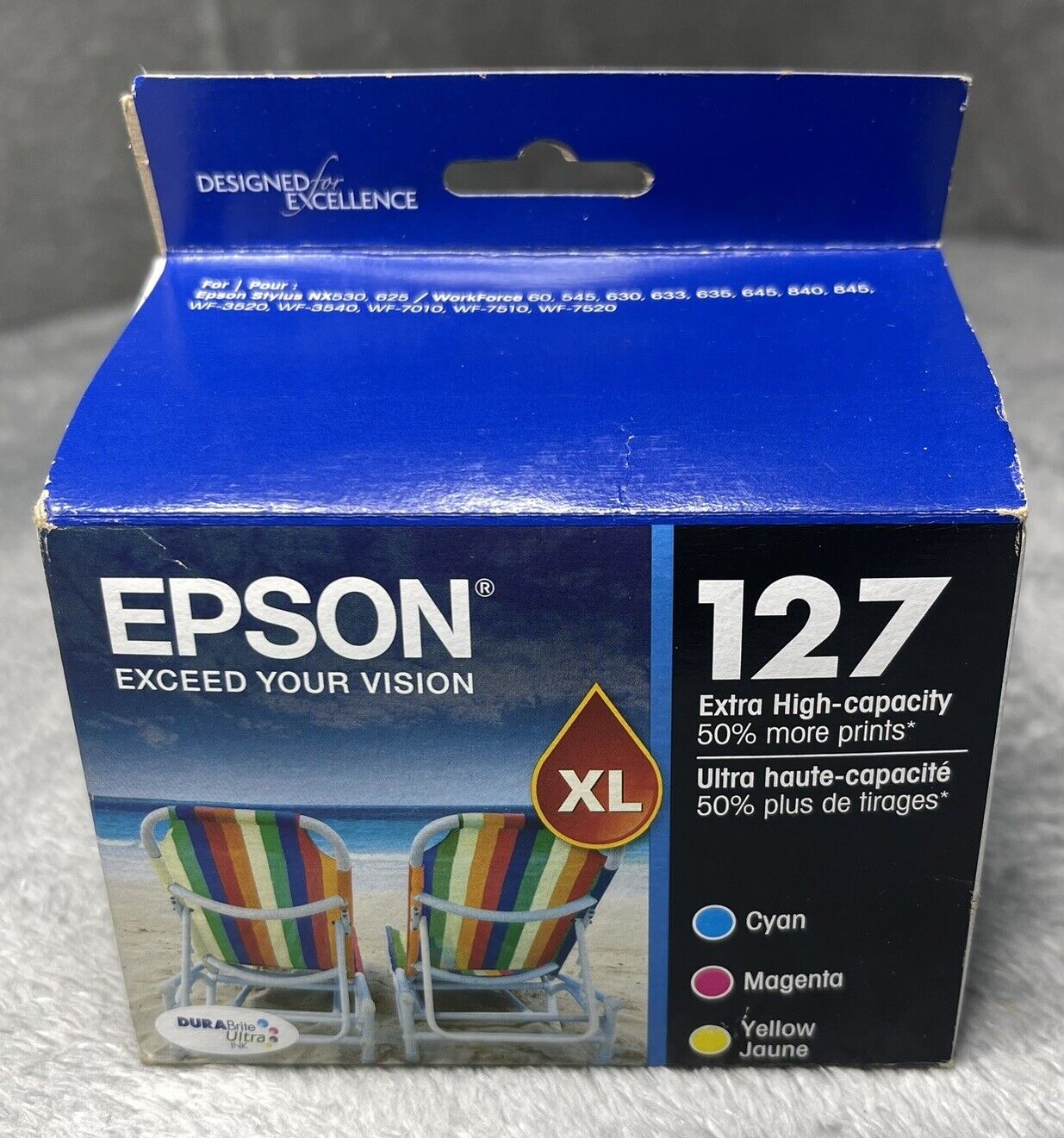 Genuine Epson 127 XL Cyan Magenta Yellow 3-Pack Ink Cartridges T127520 Sealed