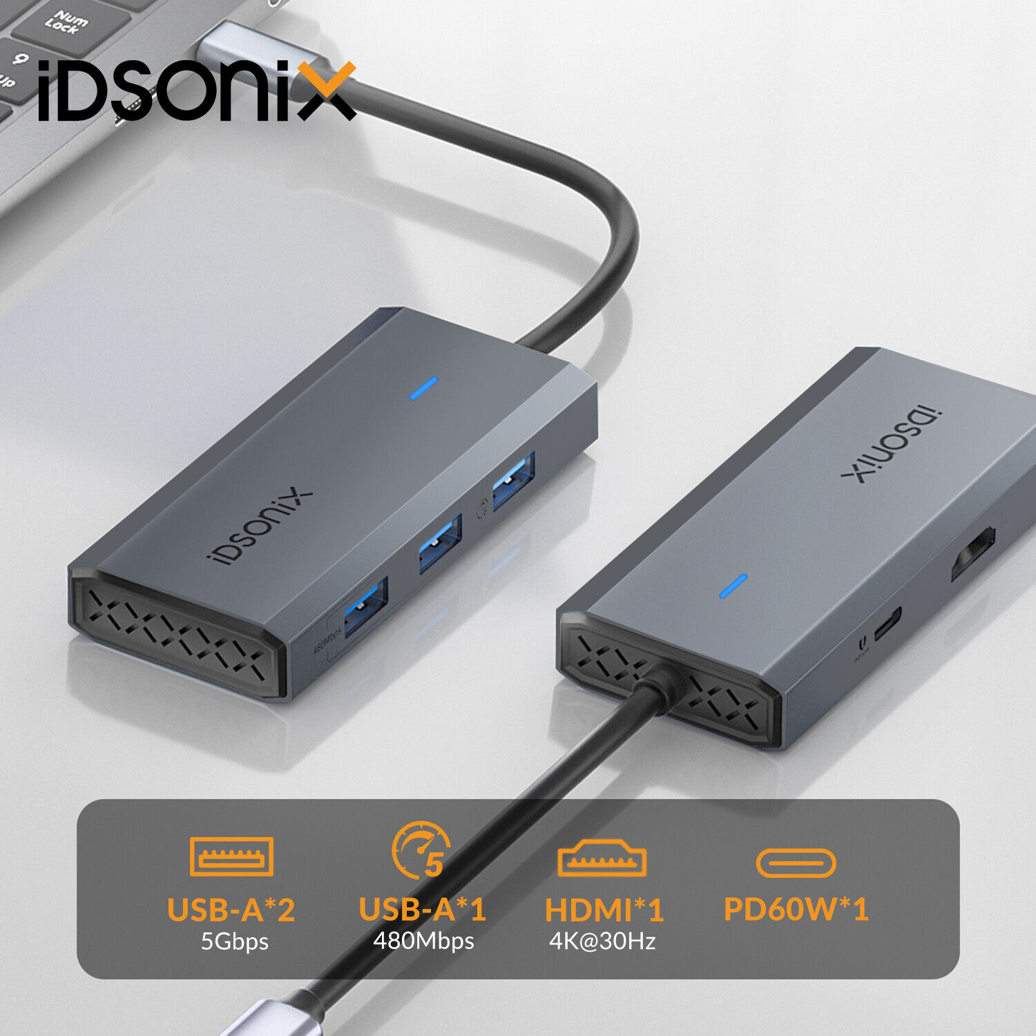 IDSONIX 5 in1 Type-C USB Hub 4K HDMI USB 3.0 / Adapter For Macbook Air/Pro Gray