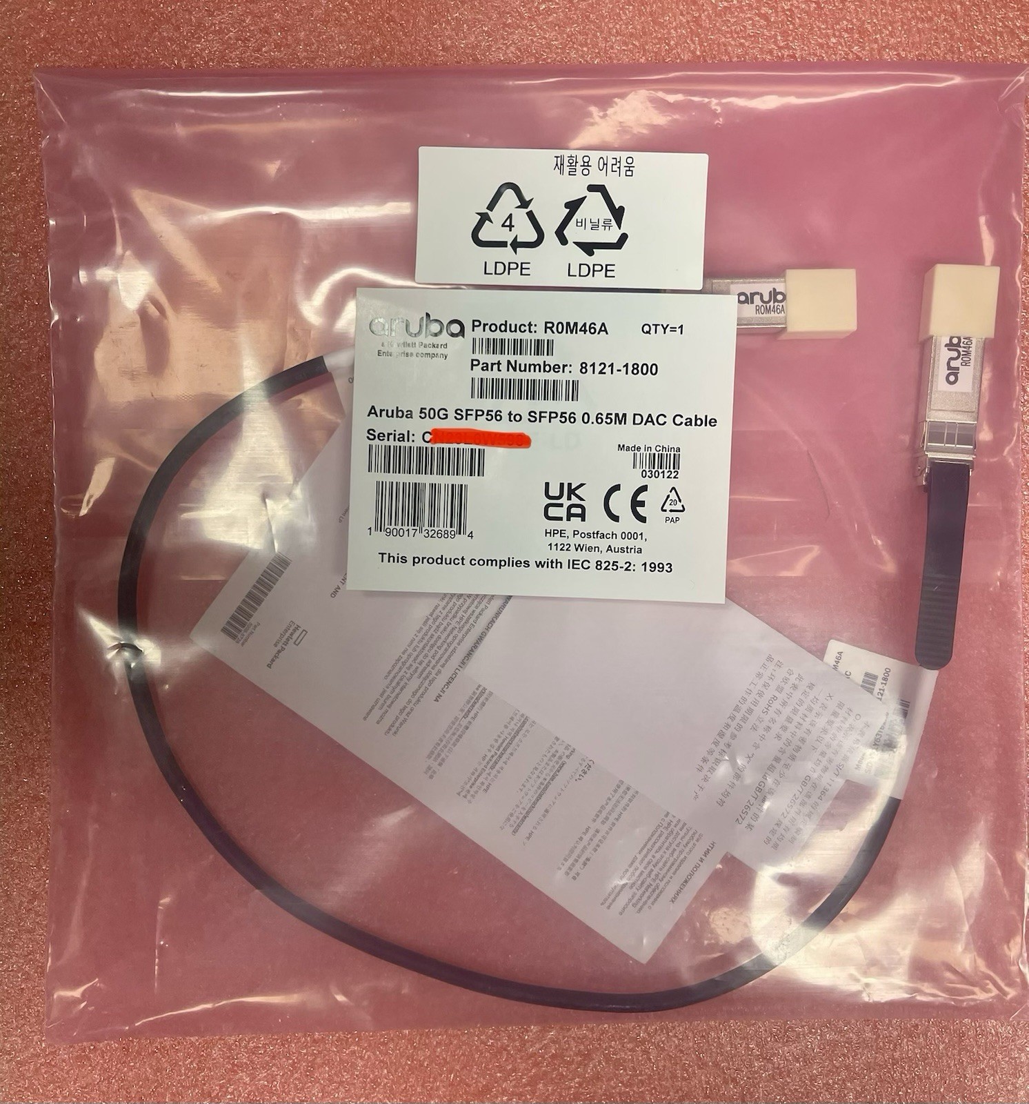 R0M46A HP Aruba 50G SFP56 to SFP56 DAC Cable  8121-1800 NEW