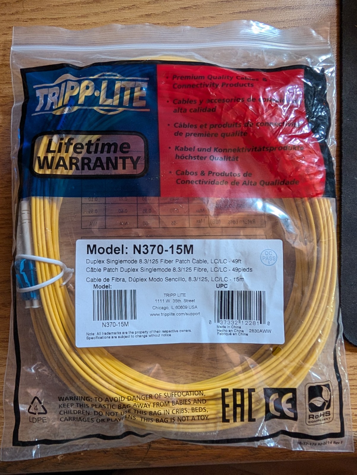 Tripp Lite Fiber Optic Network Cable - 49 Ft - Patch Cable - Yellow Lc Male