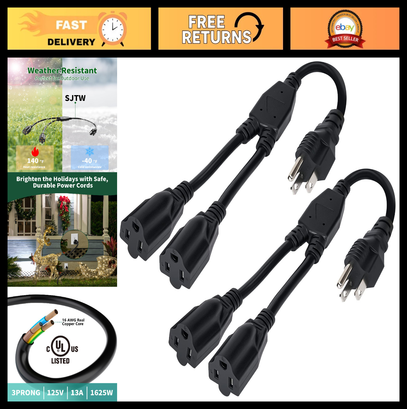 3-Prong Y Splitter Power Extension Cord 1FT 2-Pack, Heavy Duty Weatherproof 16AW