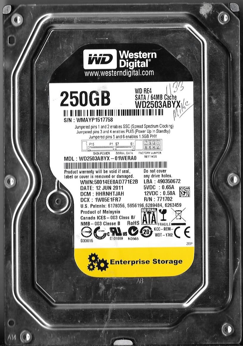 Western Digital WD2503ABYX-01WERA0 250GB Sata Hard Drive DCM: HHRNHTJAH