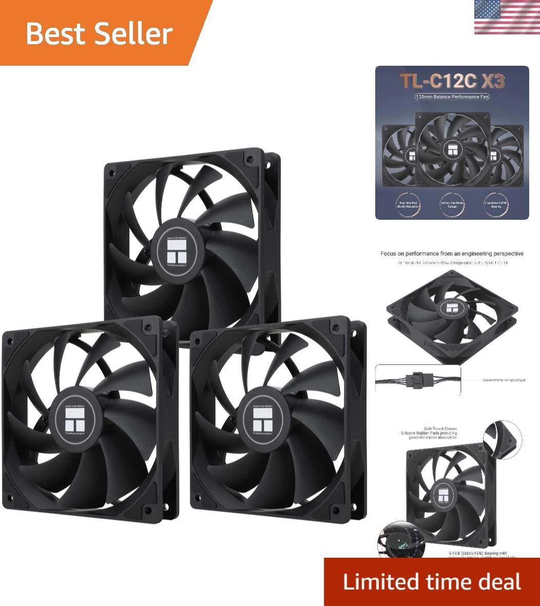 Silicon 120mm TL-C12C X3 4-Pin PWM Fan - Low Noise & High Airflow, 3x Pack