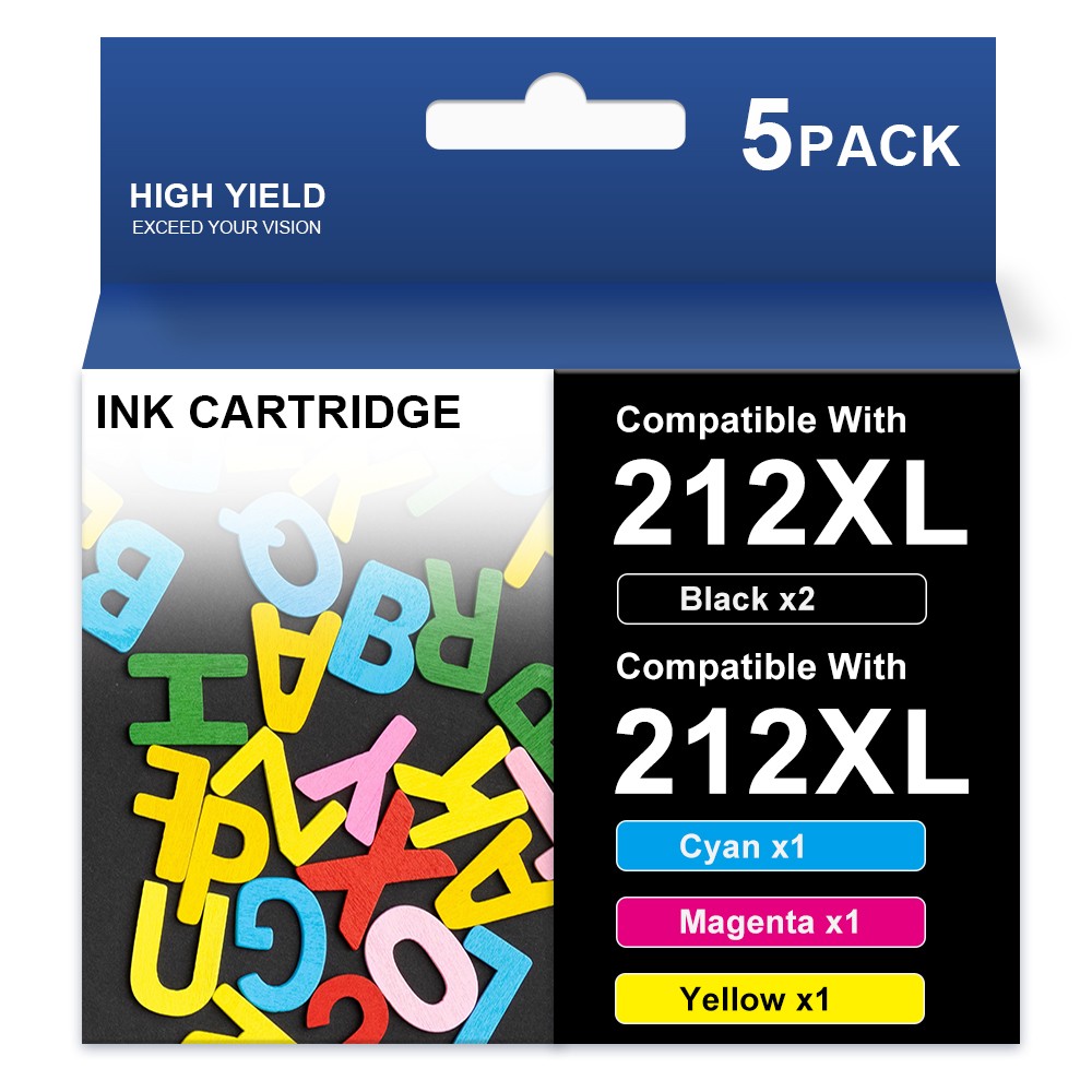 5-Pack 212XL Ink replacement for Epson Workforce XP-4100 XP-4105 WF-2850 WF-2830
