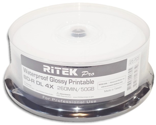 25-Pak RITEK PRO Waterproof GLOSSY White Inkjet Hub 50GB 4X Blu-ray BD-R DL
