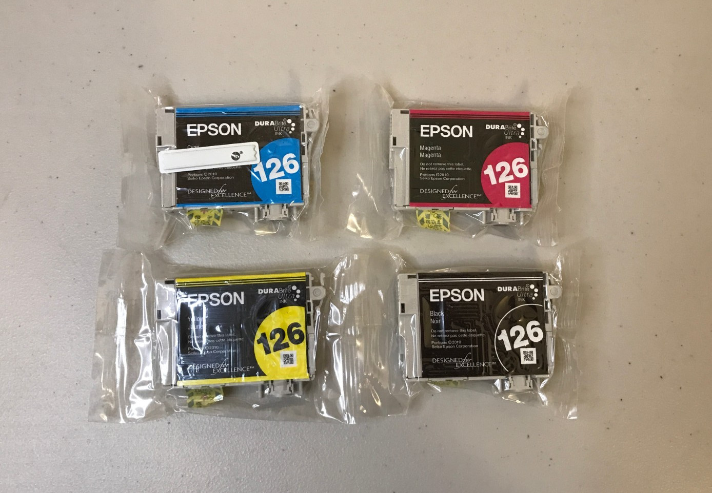 Genuine Epson 126 Ink Set of 4 Cartridges Black, Cyan, Magenta Yellow OEM No Box