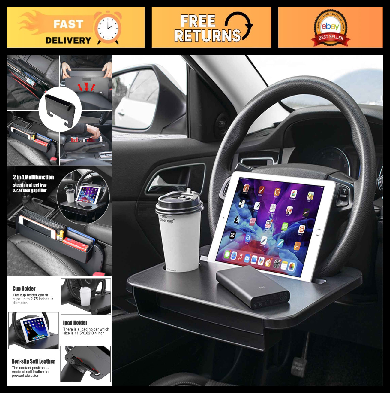 Multipurpose Steering Wheel Tray - Car Food & Drink Holder, Laptop Desk, Fits Mo