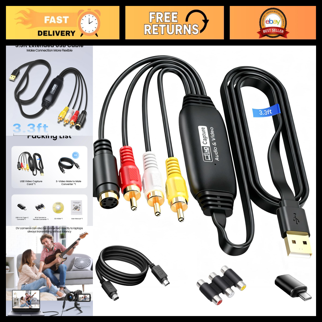 VHS to Digital Converter 3.3ft, Type-C USB 2.0 Video Capture Card for Easy Trans