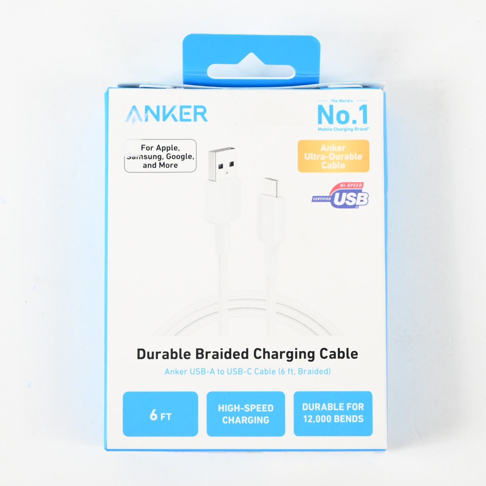 Anker Durable USBA - USBC Braided Charging Cable - 6 ft - White - Open Box