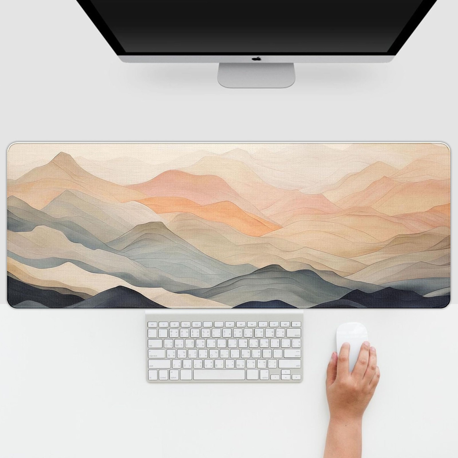 Beige Mountain Landscape Large Gaming Mouse Pad 31.5x11.8 Inch Modern Desk Mat