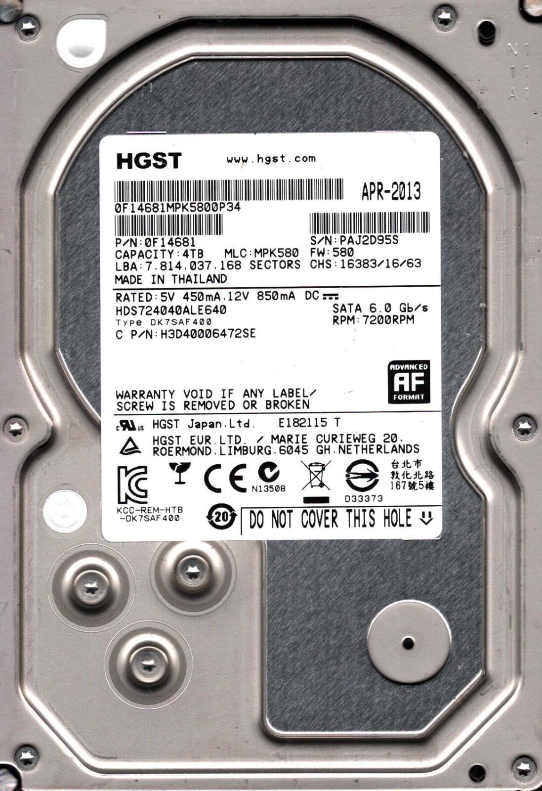 HDS724040ALE640 P/N: 0F14681 MLC: MPK580 S/N: PAJ2 THAILAND APR 2013 HGST 4TB