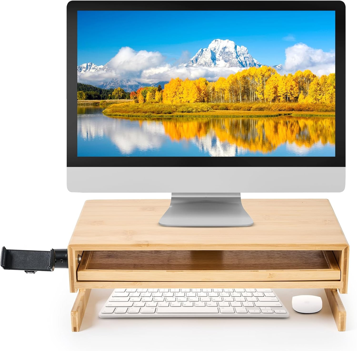 Wood Monitor Stand Riser Organizer for Desk Top with Storage Drawer & Phone Hold