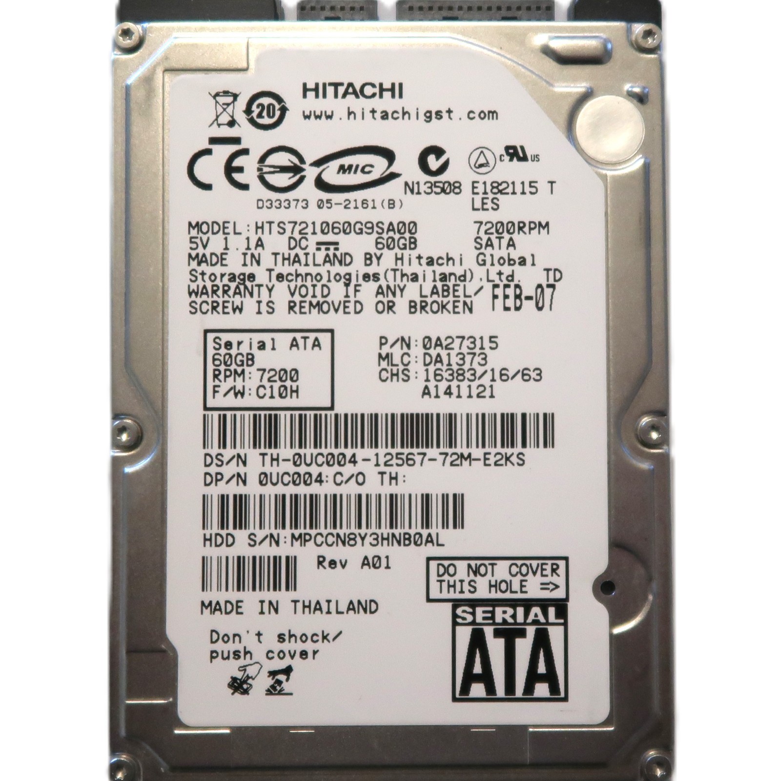 Hitachi HTS721060G9SA00 MLC:DA1373 P/N:0A27315 60gb Sata 2.5" Hard Drive 2007