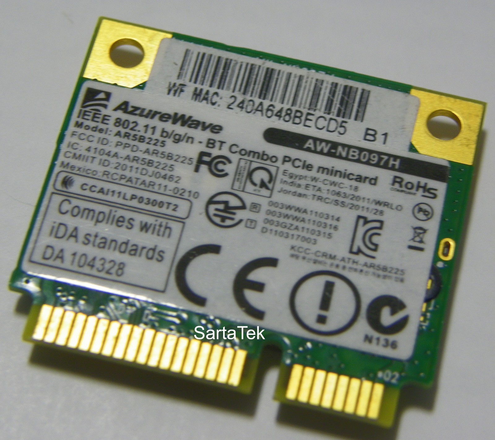 Atheros AR5B225 802.11B/G/N WLAN BT 4.0 PCIe Half OEM AW-NB097H