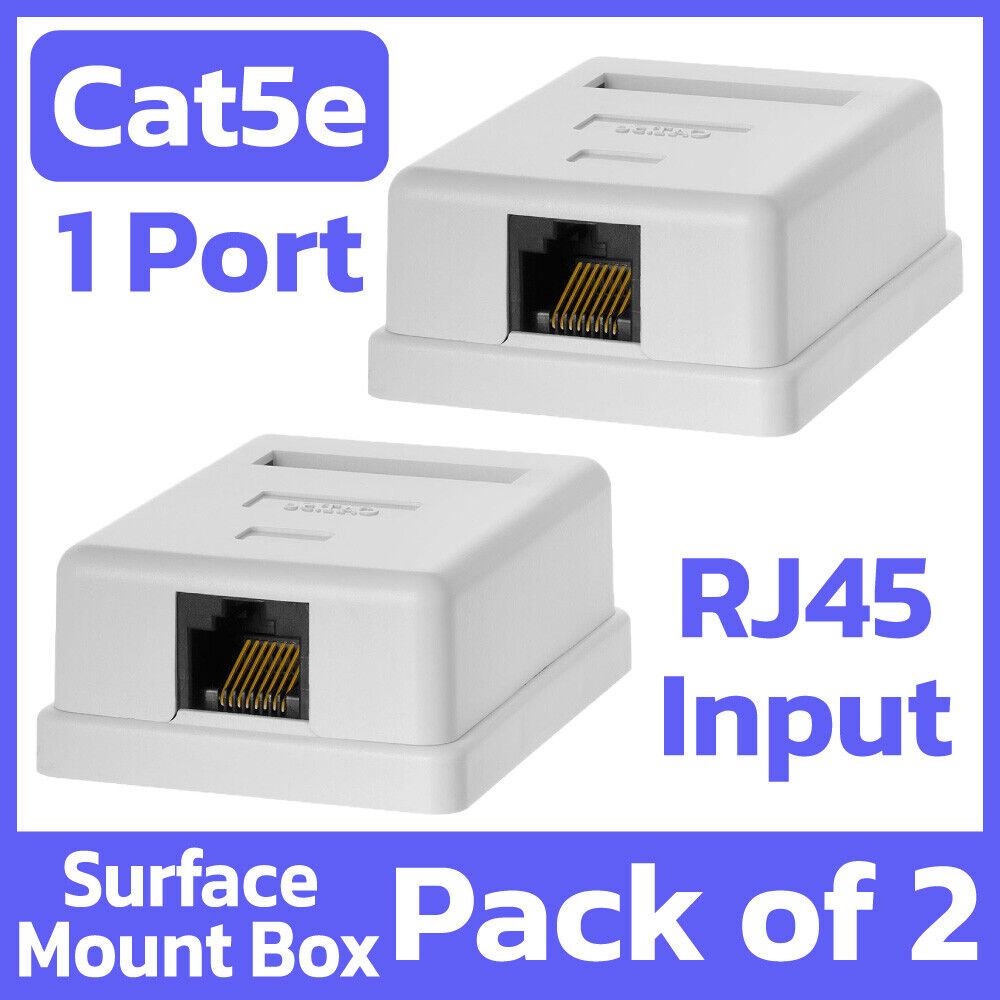 2 Pack RJ45 White Surface Mount Box 1 Port For Cat5 Cable Female RJ45 Connector
