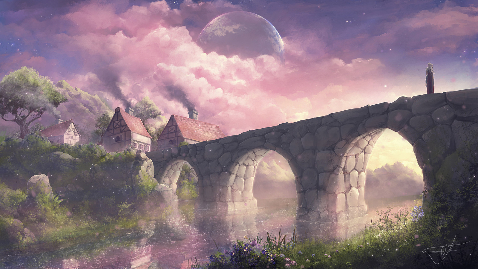 Landscape max suleimanov art village pink clouds bridge Custom Gaming Mat Desk