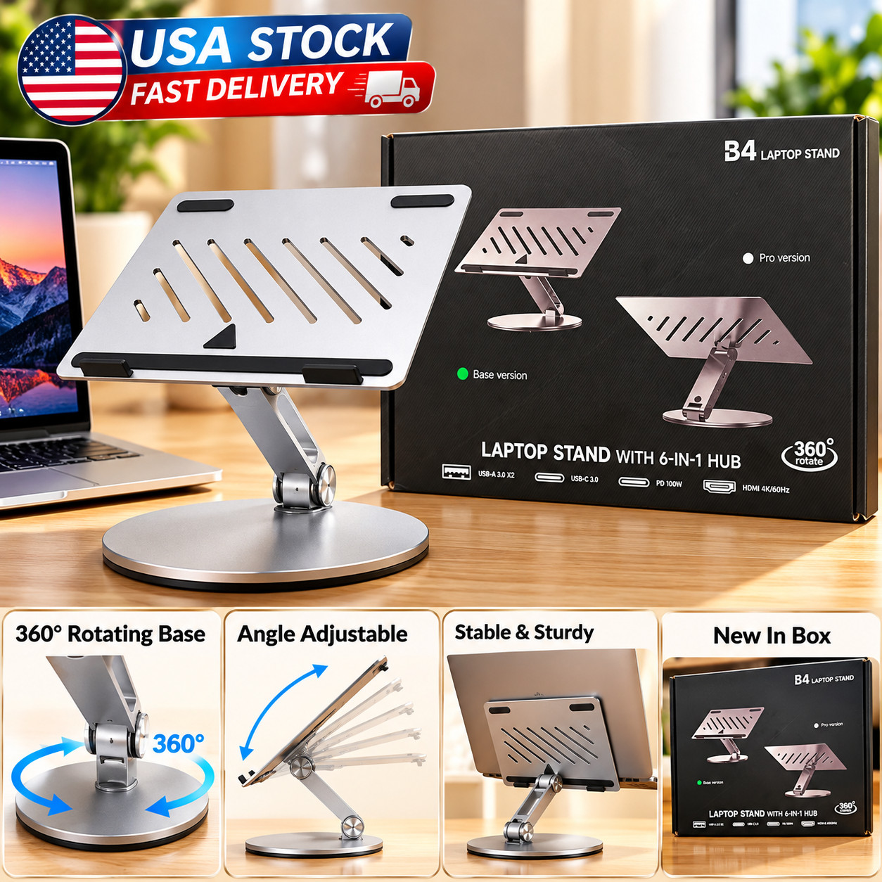 360° Aluminum Laptop Stand 6-in-1 USB-C Hub HDMI 4K 100W PD Adjustable Silver