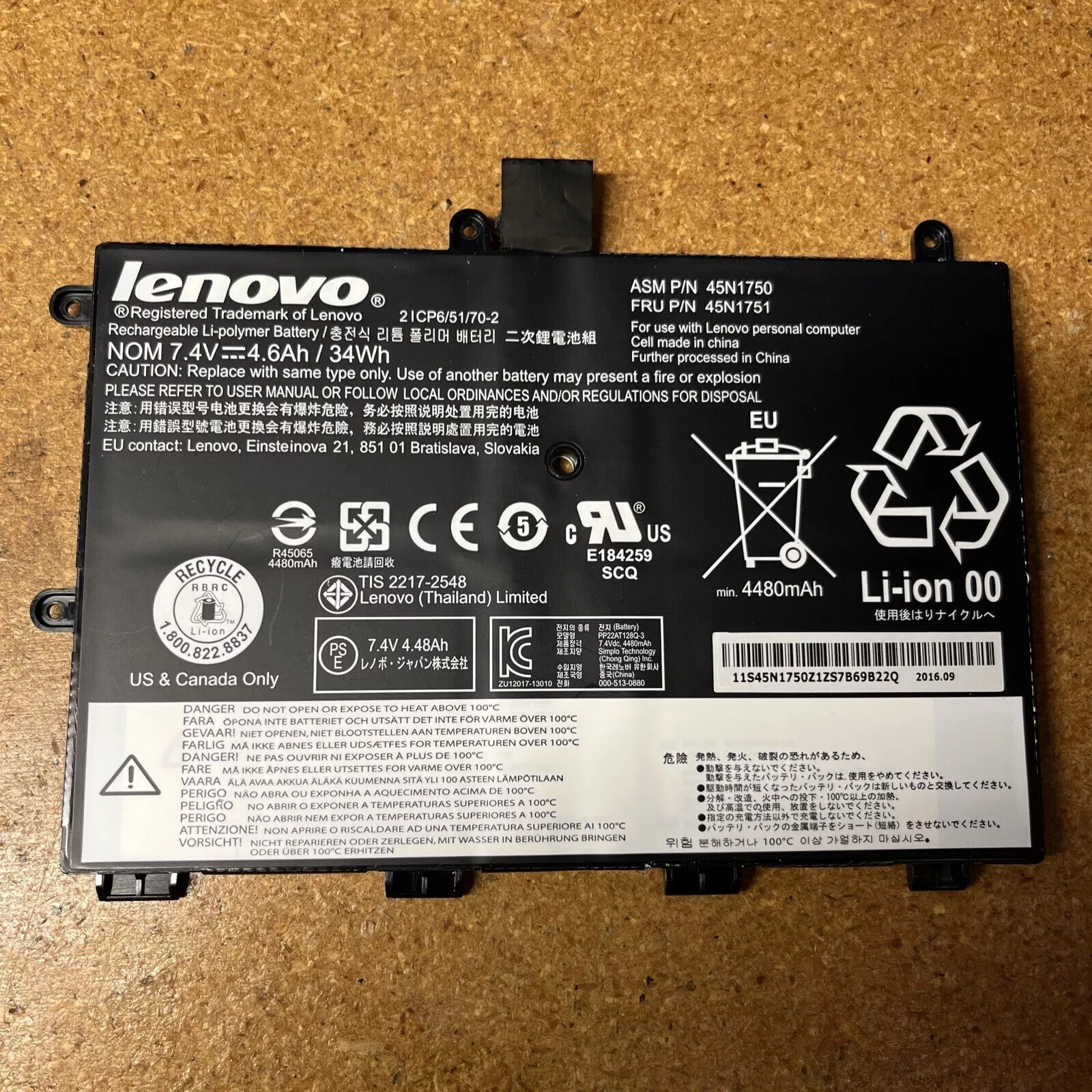 Genuine 34WH 45N1751 Battery For Lenovo ThinkPad Yoga 11e 45N1748 45N1749 7.4V