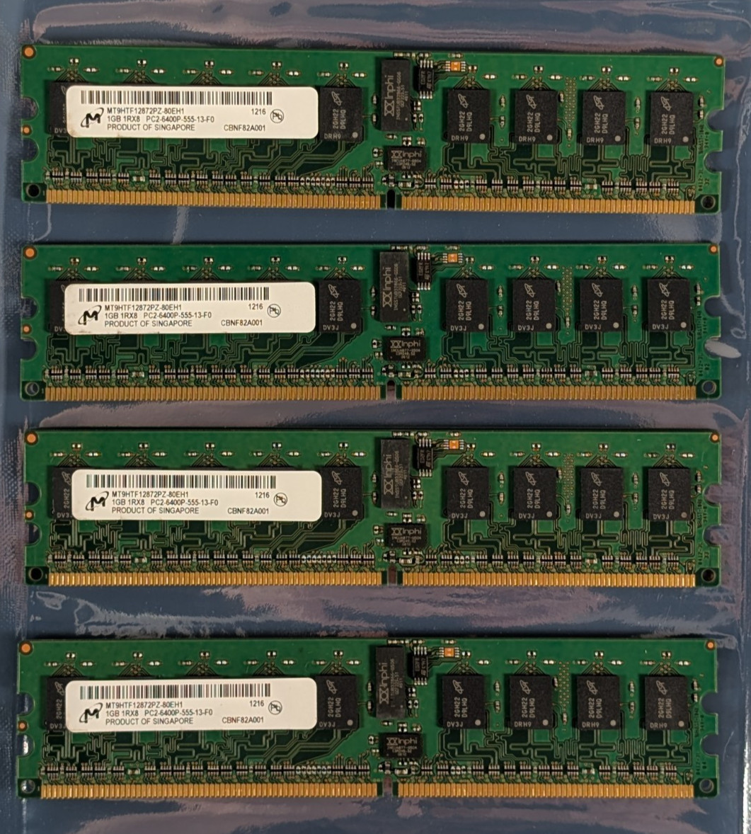 Lot of 4 Micron 1GB 1Rx8 RAM | PC2-6400P-555-13-F0, MT9HTF12872PZ-80EH1