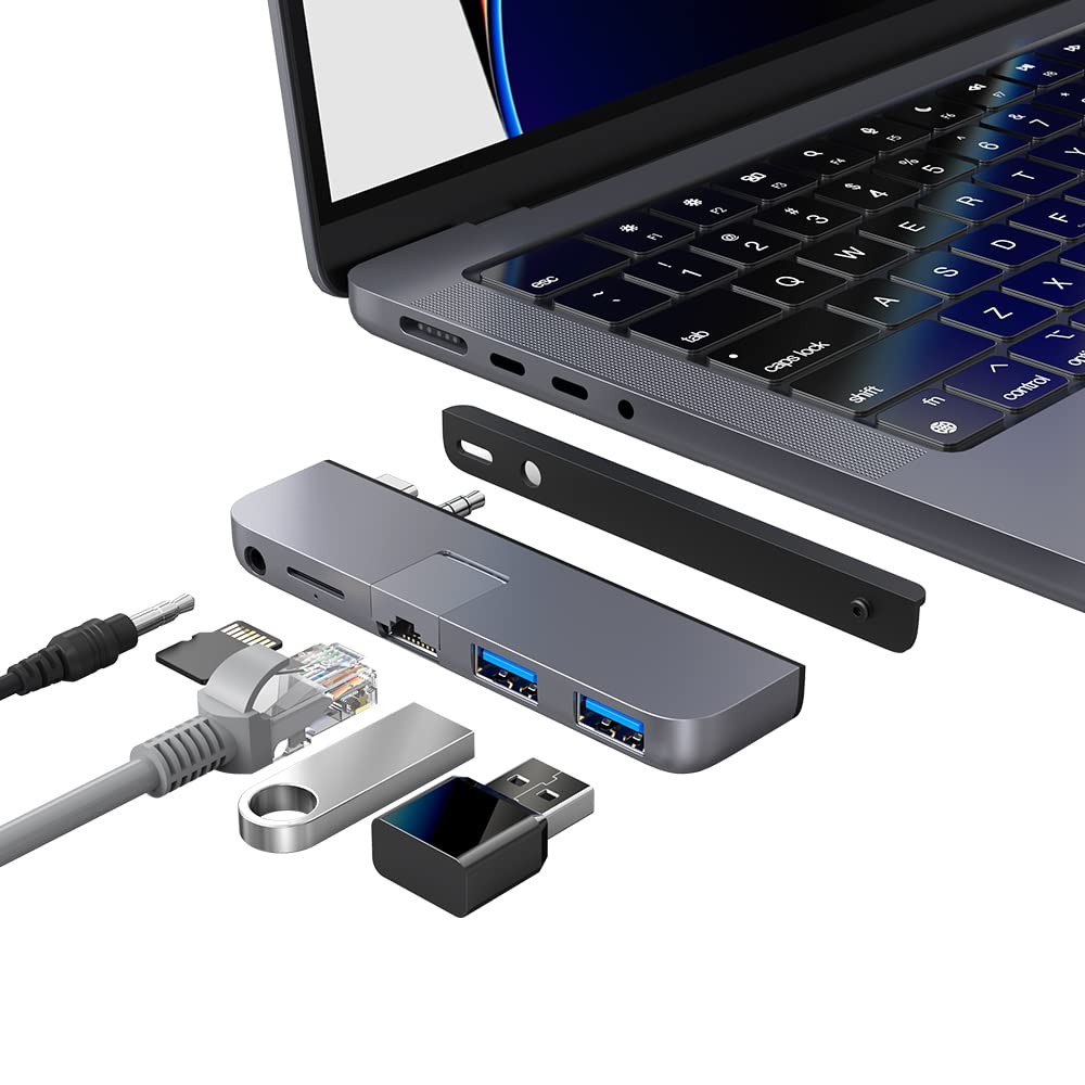 Qwiizlab USB C Hub 5-in-1 Adapter, Gigabit Ethernet, 3.0 Port, Gray