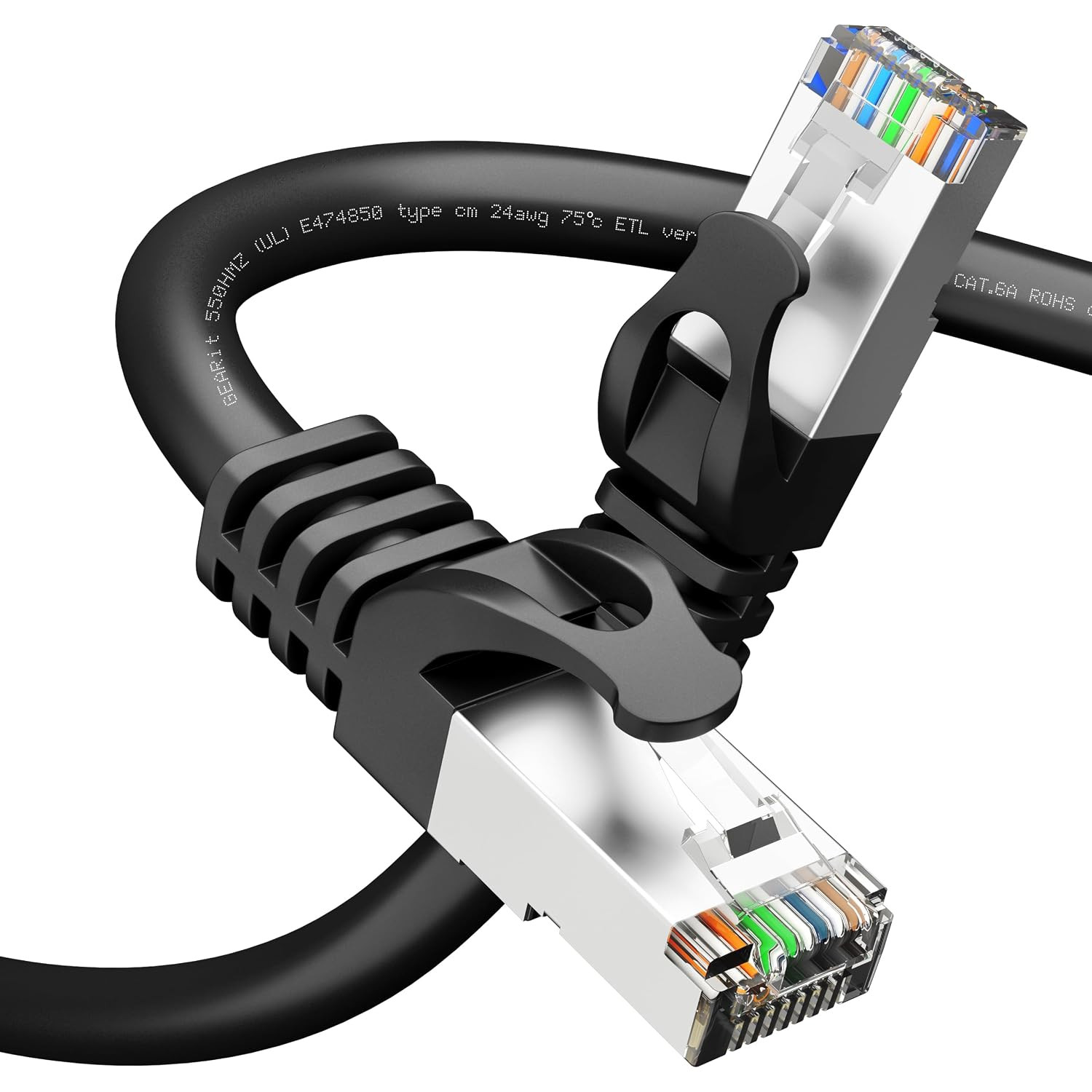 Cat6A Ethernet Cable (150 ft, Black) 10Gbps Snagless Long Shielded SSTP, SFTP Sh