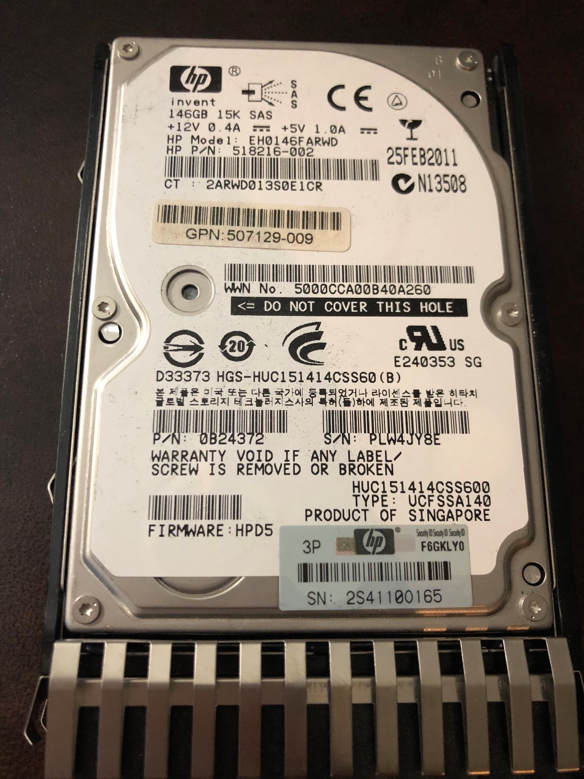 HP EH0146FARWD HP 146GB 2.5" SFF 6G Dual Port SAS 15K RPM Hot Plug Hard Drive