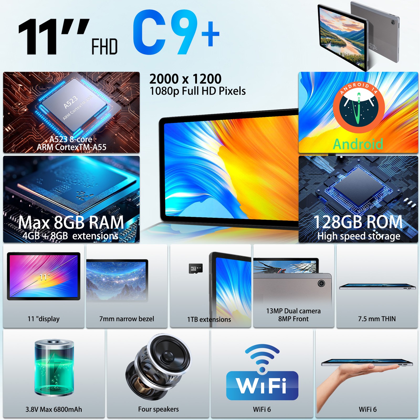 Tablet Android 11'' Screen 12+128GB WIFI Bluetooth 6800mAh LCD IPS Display