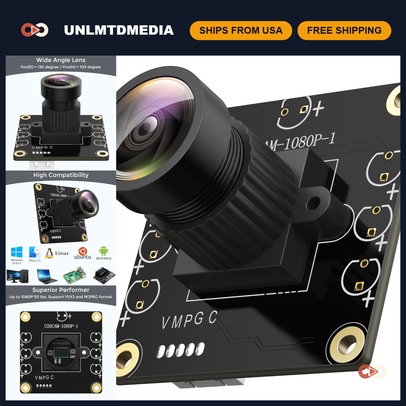 1080P USB UVC Camera, 130° Wide Angle, Plug & Play for PC, Raspberry Pi, Linux &