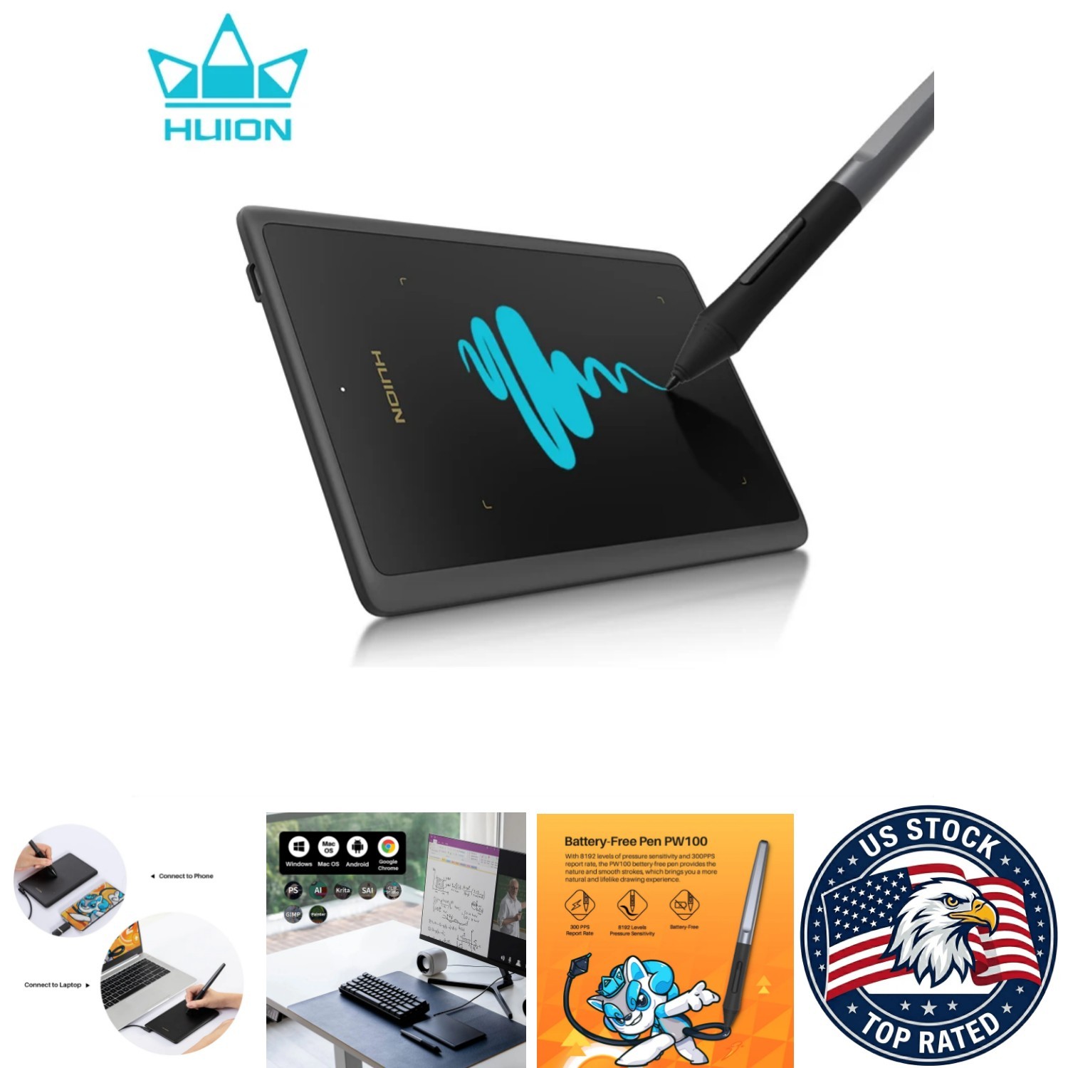 Huion H420X Graphic Tablet USB-C - 8192 Pressure Levels, Battery-Free