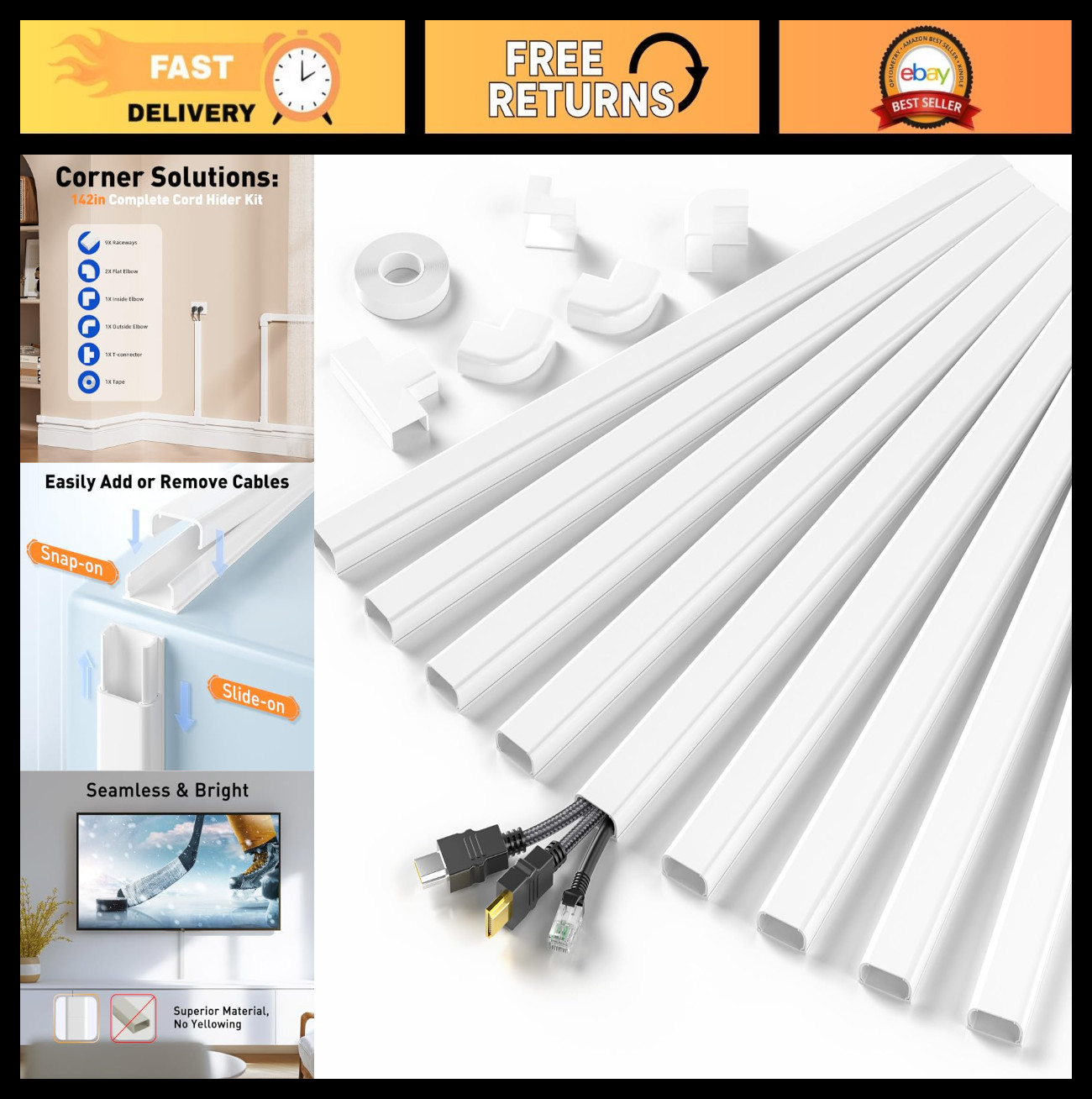 Cable Management Cord Hider - 142in Wall Wire Covers for 2-3 Cords, Easy Setup,