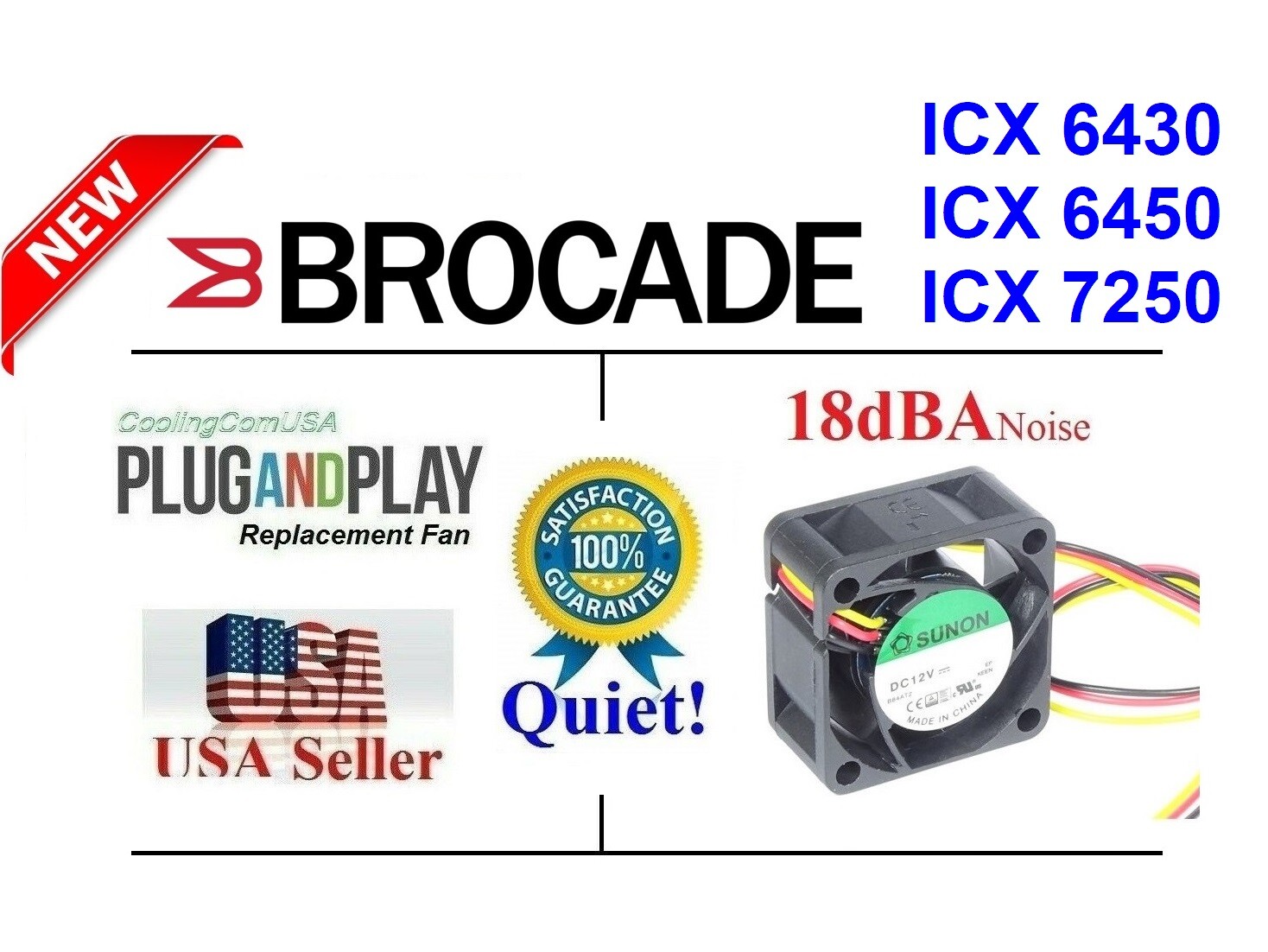 1x Quiet Replacement Fan (18dBA) for Brocade ICX 6430, ICX 6450, ICX 7250