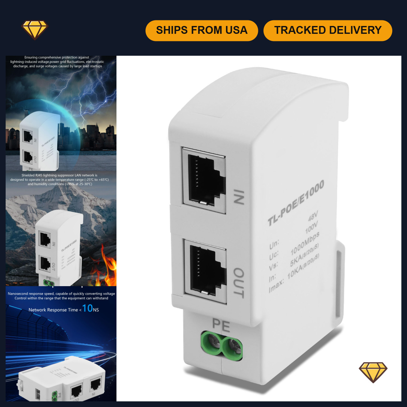 Ethernet Surge Protector Gigabit PoE DIN Rail RJ45 Network Thunder Arrestor 5V/4