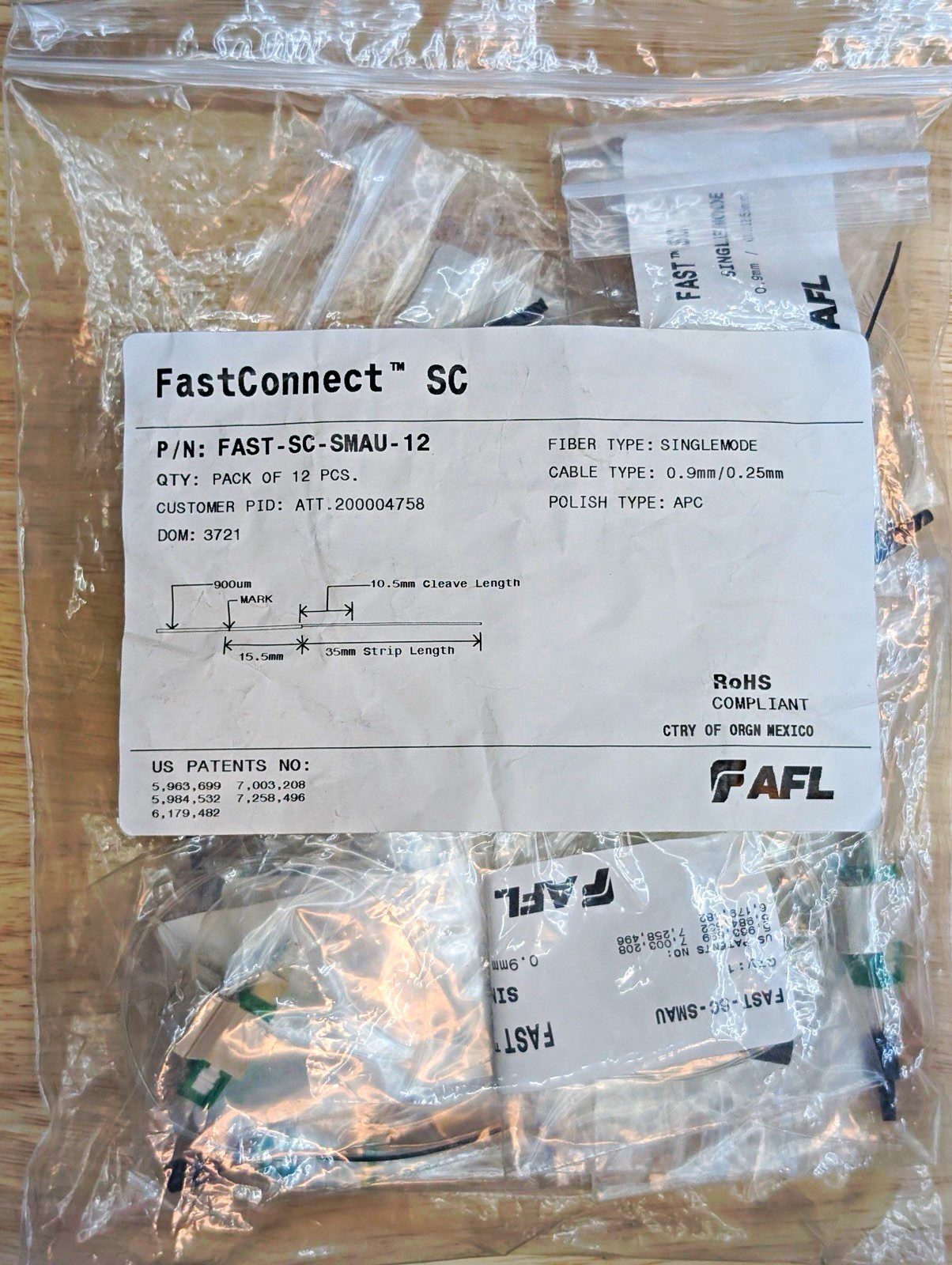 AFL FastConnect Single-Mode SC Raw Fiber Optical Network Cable FAST-SC-SMAU-12