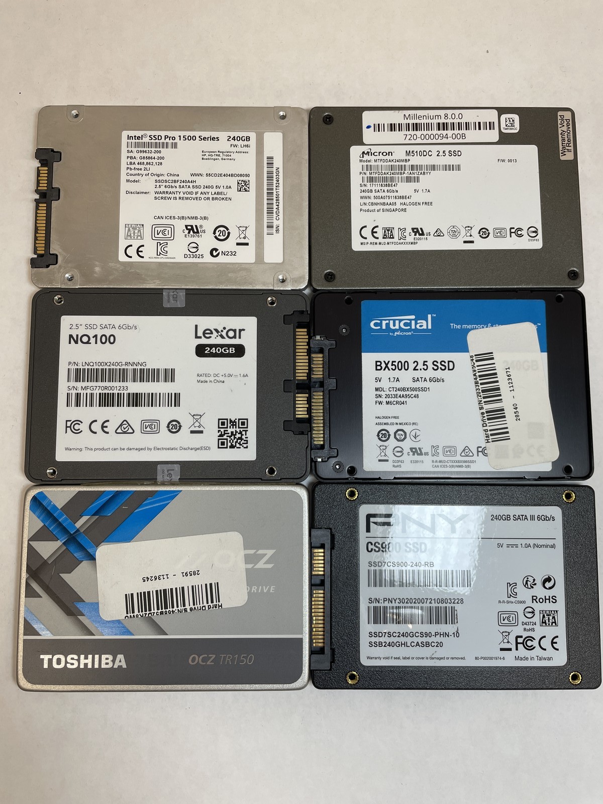 Lot of 6 240GB 2.5" SATA III SSD Mixed Brand Solid State Drives 85-94%