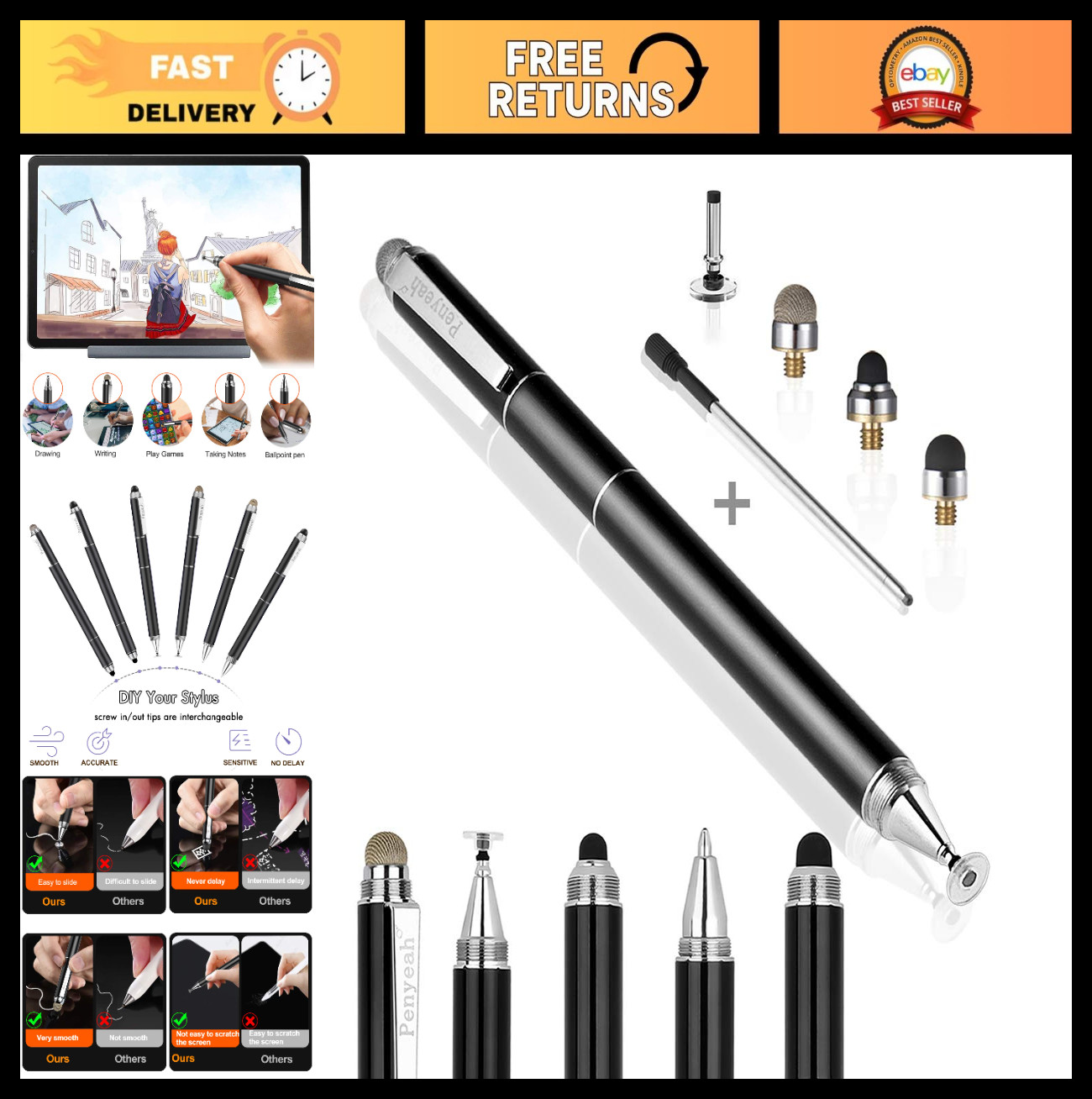 4-in-1 Stylus Pen for Touch Screens - High Precision, Universal Capacitive, 4 Ti