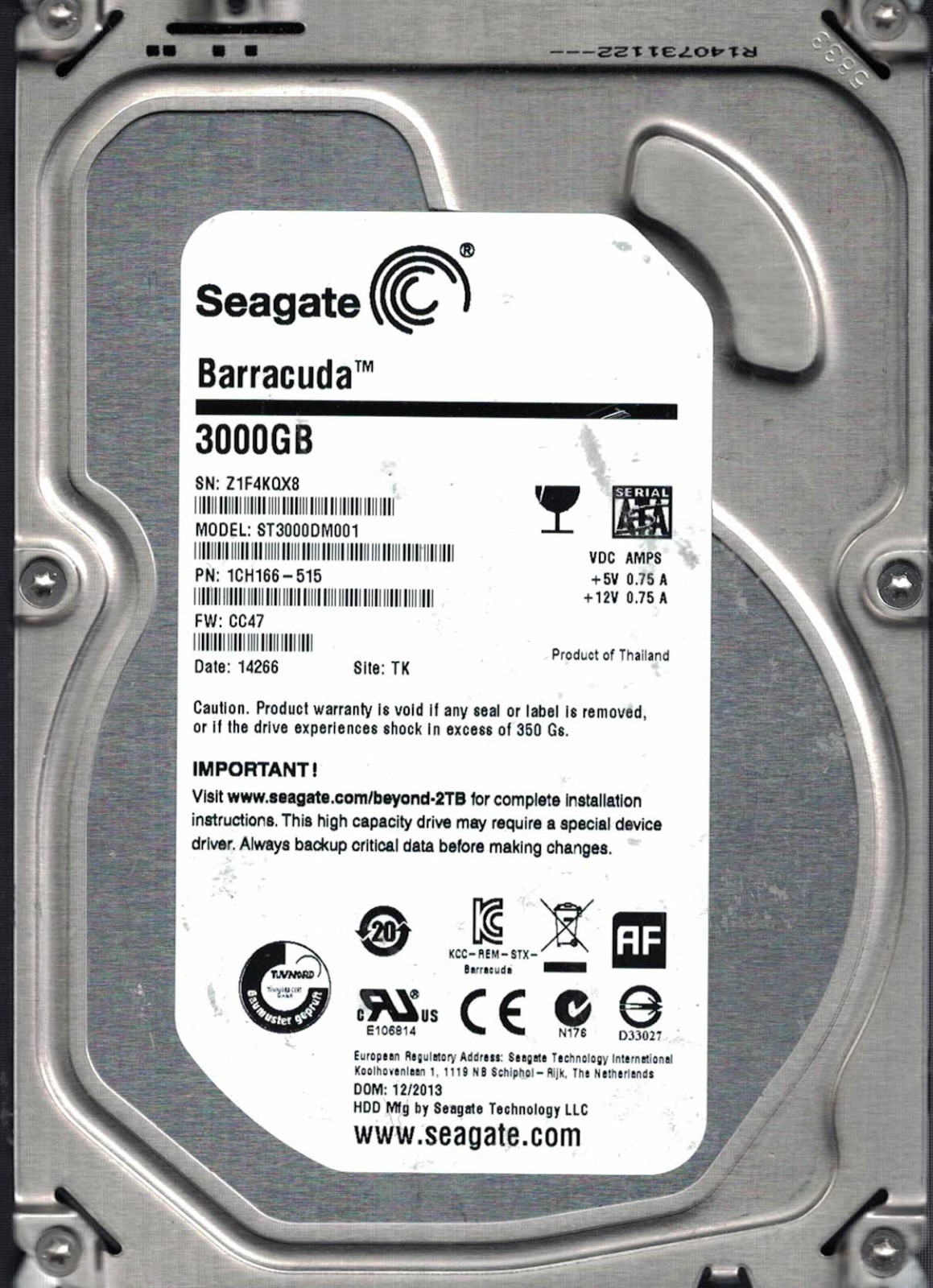 Seagate ST3000DM001  S/N Z1F4KQX8  P/N 1CH166-515  FW CC47  Date Code14266