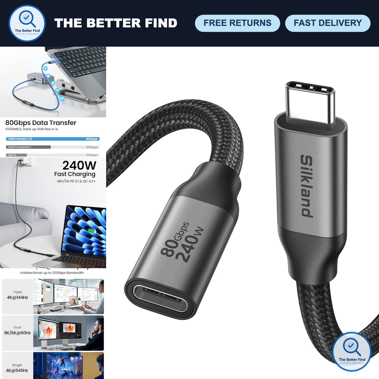 80Gbps USB4 USB C Extension Cable 240W for Thunderbolt 5/4 - 4FT High-Speed Data