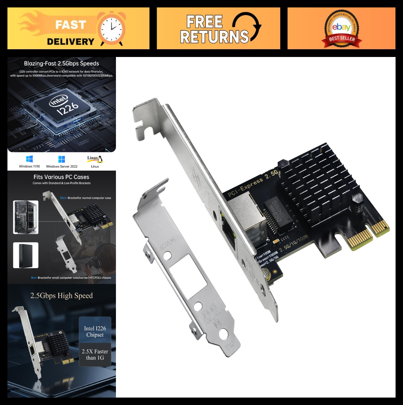 2.5Gb PCIe Network Card, Intel I226-V Chip, 2500M/1000M NIC, PCI Express Adapter