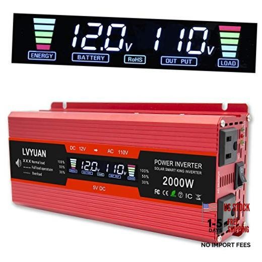 /2000W(Peak) Car Power Inverter DC 12V to 110V AC Converter with LCD 1000W Red