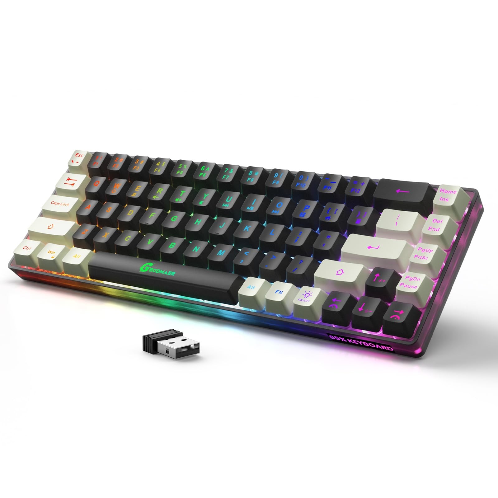 GEODMAER 65% Wireless Gaming Keyboard: LED Backlit, 68 Keys, Ultra-Compact,