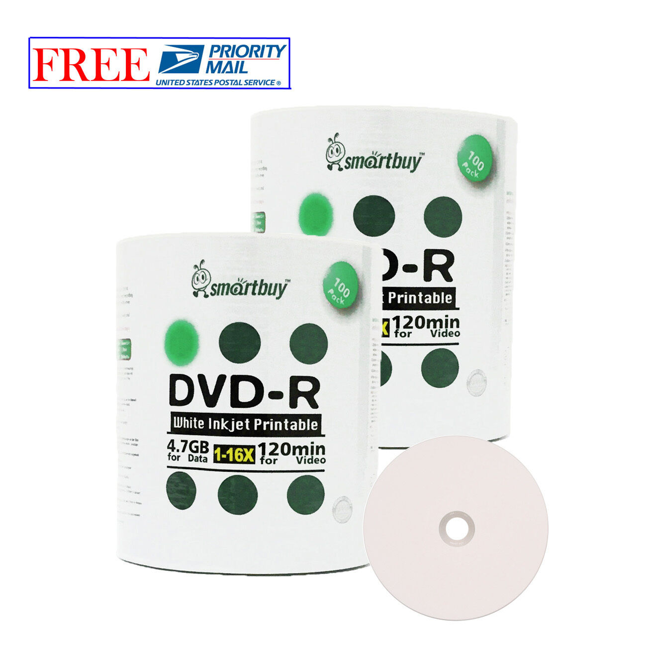 200 Pcs SmartBuy DVD-R DVDR 16X 4.7GB White Inkjet Hub Printable Recordable Disc
