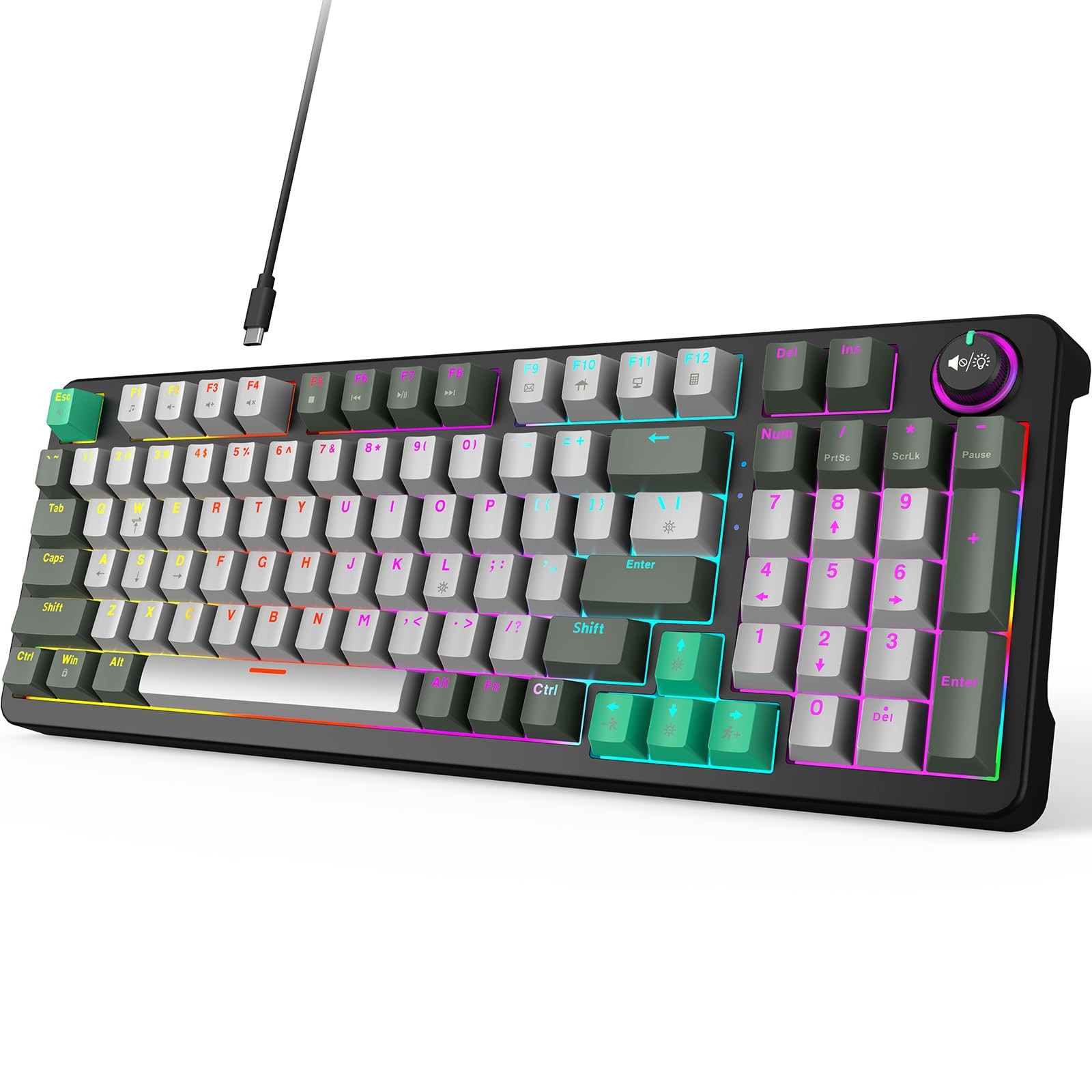 AK96 Mechanical Gaming Keyboard LED Backlit USB A/C Wired Control Knob