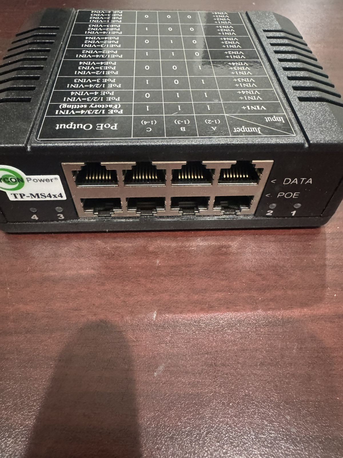 Tycon TP-MS4X4 4 port Multivolt Gigabit Passive PoE 1A/Port Midspan Injector