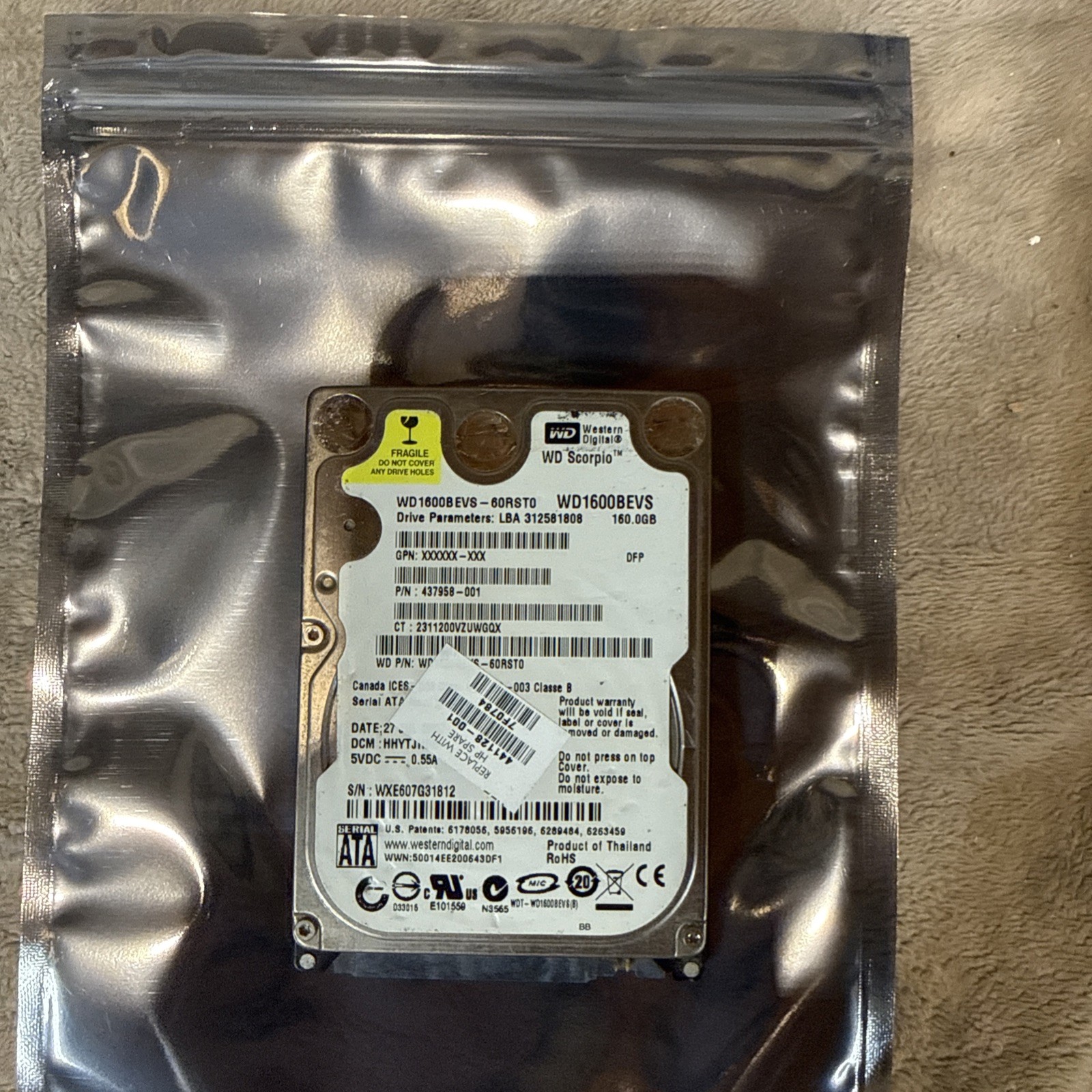 Western Digital WD1600BEVS 160GB 2.5in SATA Laptop HDD 5400RPM Dell 0TU741