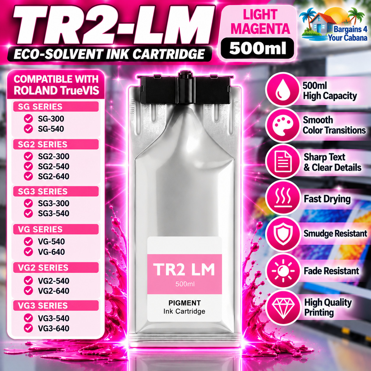 TR2-LM 500ml Light Magenta Eco Solvent Ink for Roland TrueVIS SG VG Printers