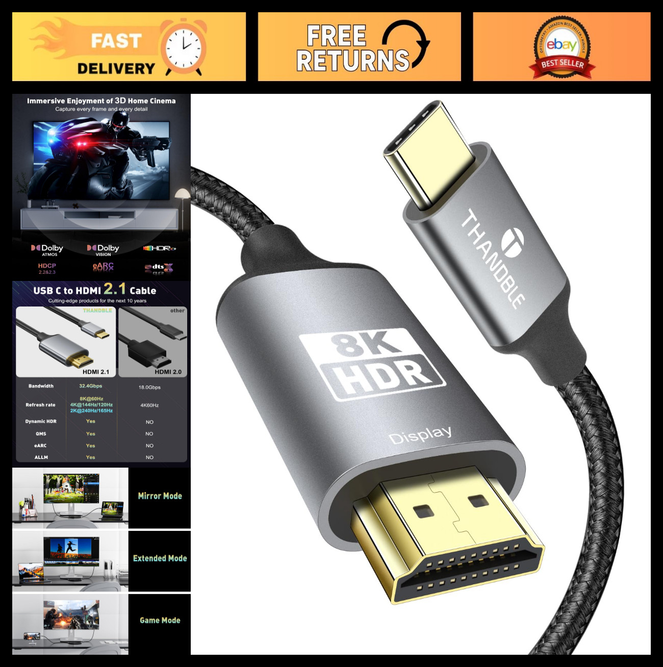 15FT USB C to HDMI 2.1 Cable, 8K@60Hz, 4K 120Hz, Dynamic HDR, Thunderbolt 3/4/5,