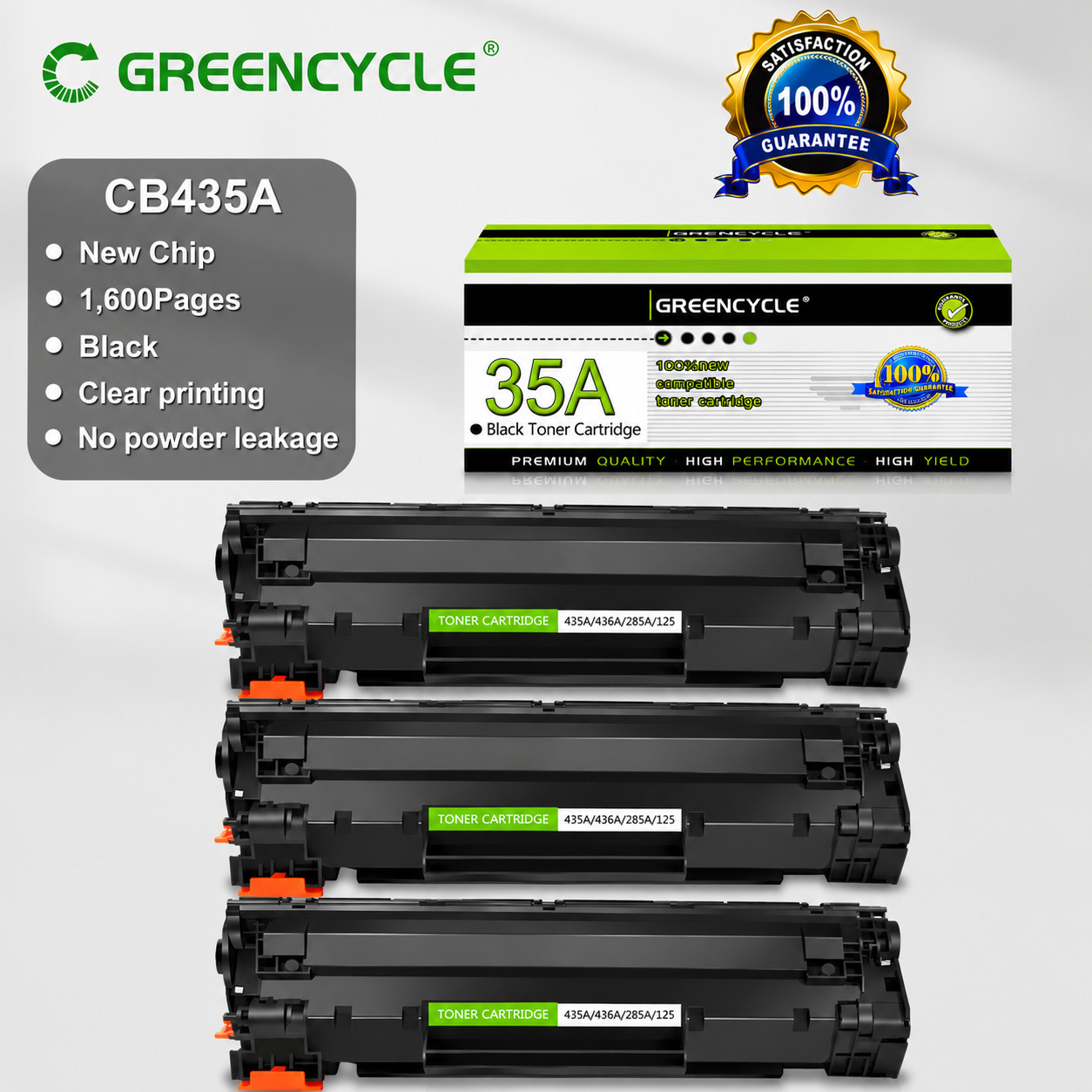 GREENCYCLE 3-Pack CB435A 35A Black Toner for HP LaserJet P1005 P1006 P1008 P1009